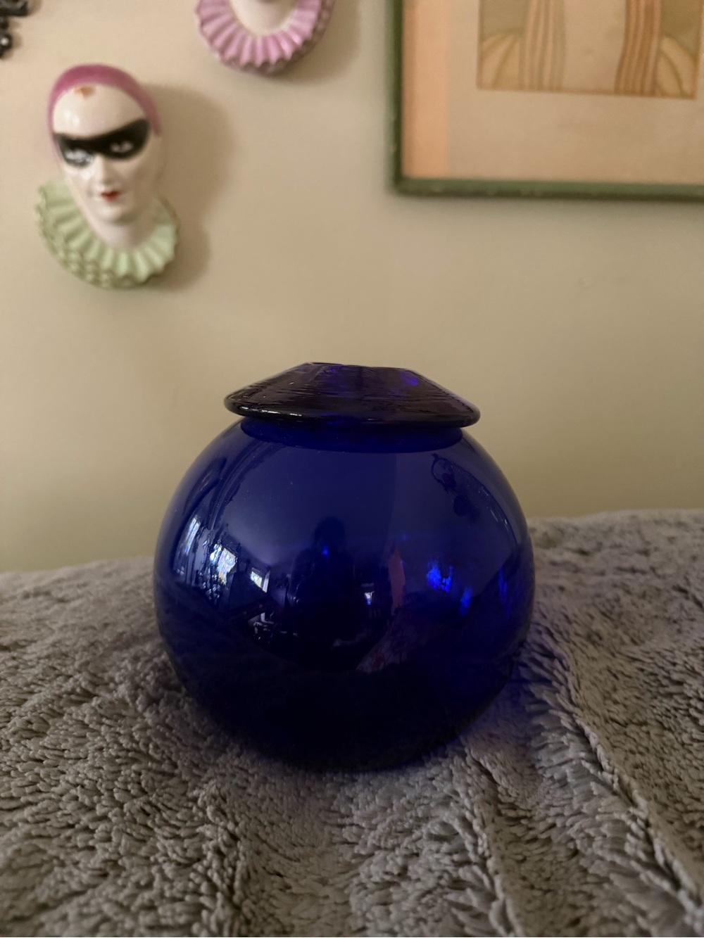 Vintage cobalt blue glass bulbous bowl with lid